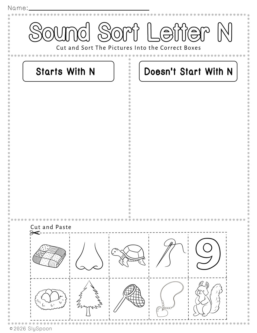 Free Printable Learning Letter Sound Sort Cut and Paste Activity Worksheet with two columns to sort pictures that start with letter n and those that don't start with letter n