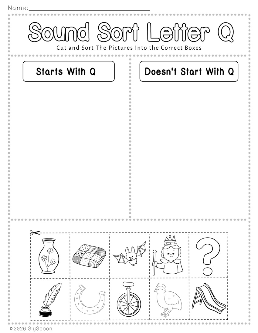 Free Printable Learning Letter Sound Sort Cut and Paste Activity Worksheet with two columns to sort pictures that start with letter q and those that don't start with letter q