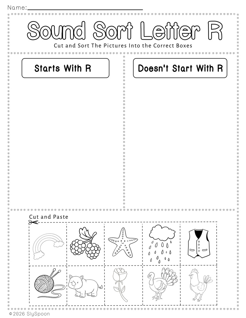 Free Printable Learning Letter Sound Sort Cut and Paste Activity Worksheet with two columns to sort pictures that start with letter r and those that don't start with letter r
