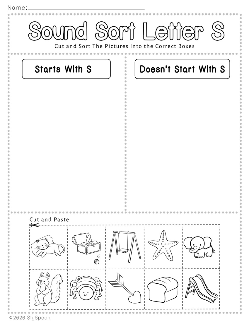 Free Printable Learning Letter Sound Sort Cut and Paste Activity Worksheet with two columns to sort pictures that start with letter s and those that don't start with letter s