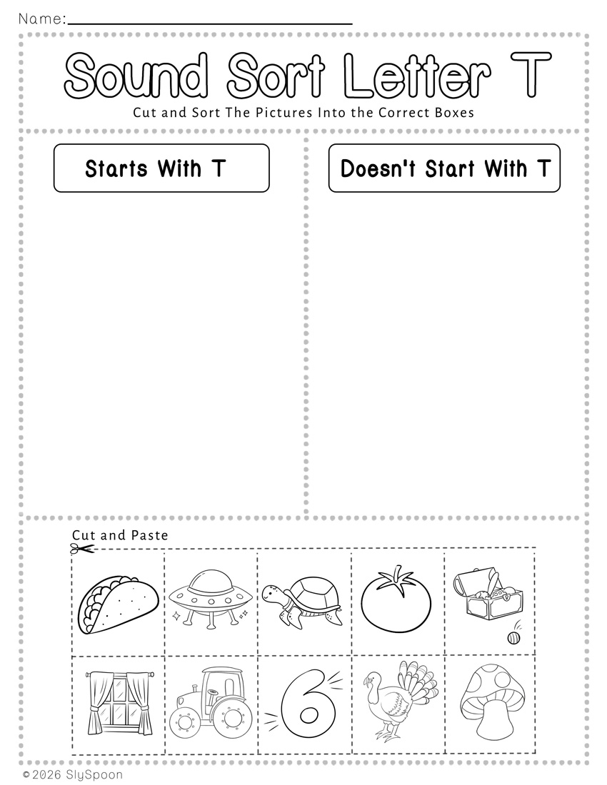 Free Printable Learning Letter Sound Sort Cut and Paste Activity Worksheet with two columns to sort pictures that start with letter t and those that don't start with letter t