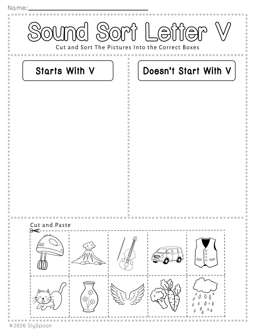 Free Printable Learning Letter Sound Sort Cut and Paste Activity Worksheet with two columns to sort pictures that start with letter v and those that don't start with letter v