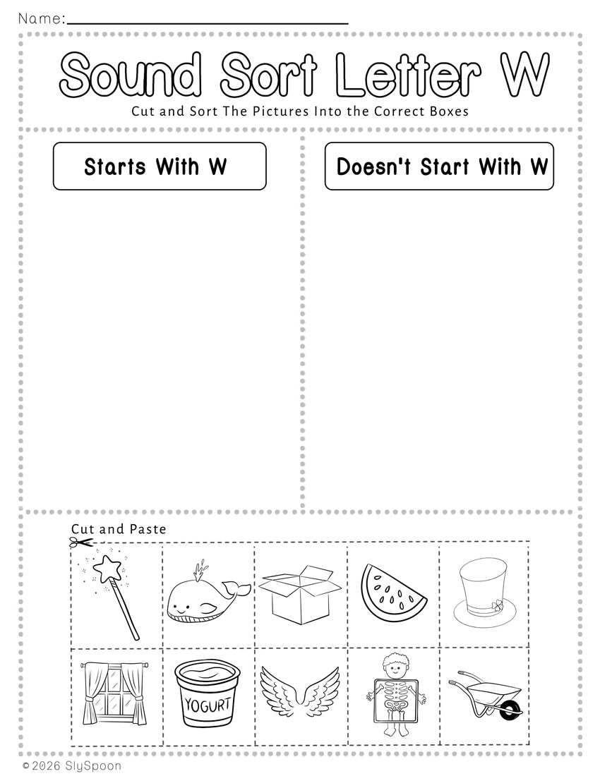 Free Printable Learning Letter Sound Sort Cut and Paste Activity Worksheet with two columns to sort pictures that start with letter w and those that don't start with letter w