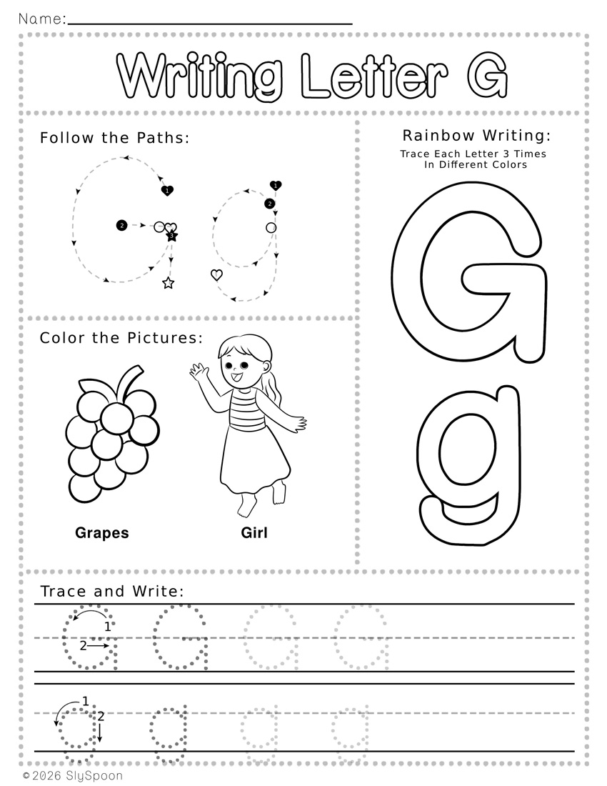 Free Printable Letter G Writing Worksheets with Letter Formation Guide