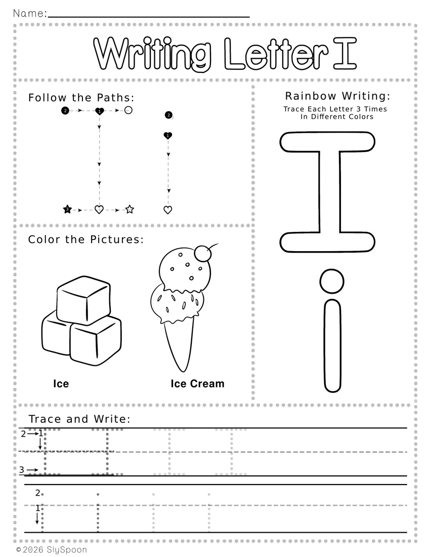 Free Printable Letter I Writing Worksheets with Letter Formation Guide