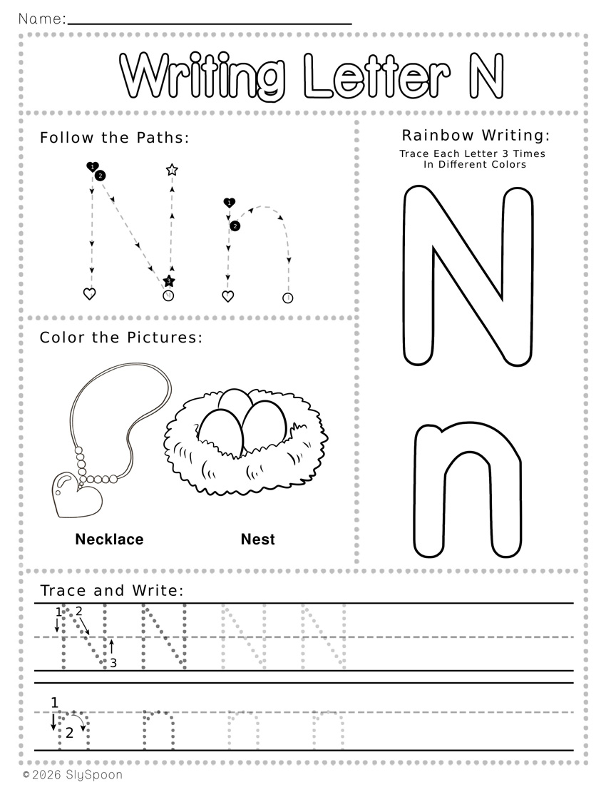 Free Printable Letter N Writing Worksheets with Letter Formation Guide