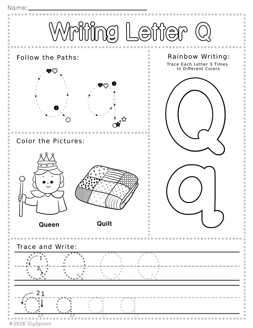 Free Printable Letter Q Writing Worksheets with Letter Formation Guide