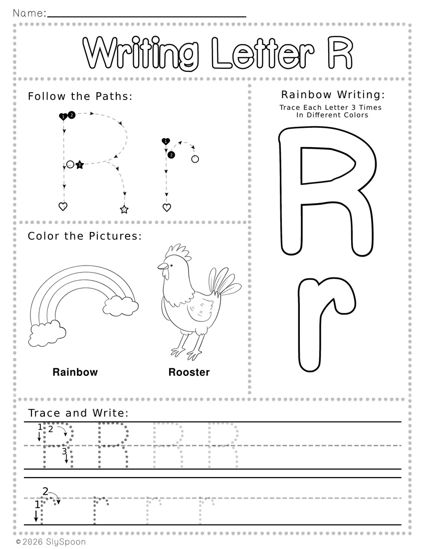 Free Printable Letter R Writing Worksheets with Letter Formation Guide