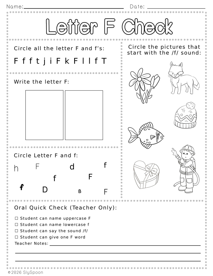 Free Printable Letter F Review Worksheets with find the letter, circle the picture that starts with F, write the letter, and find the letter in different fonts
