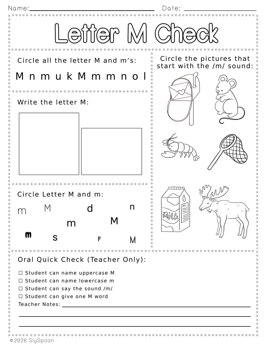 Free Printable Letter M Review Worksheets with find the letter, circle the picture that starts with M, write the letter, and find the letter in different fonts
