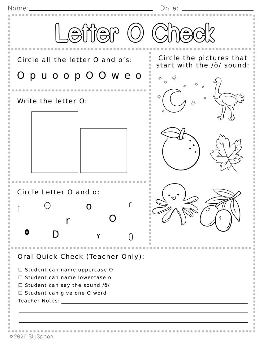 Free Printable Letter O Review Worksheets with find the letter, circle the picture that starts with O, write the letter, and find the letter in different fonts