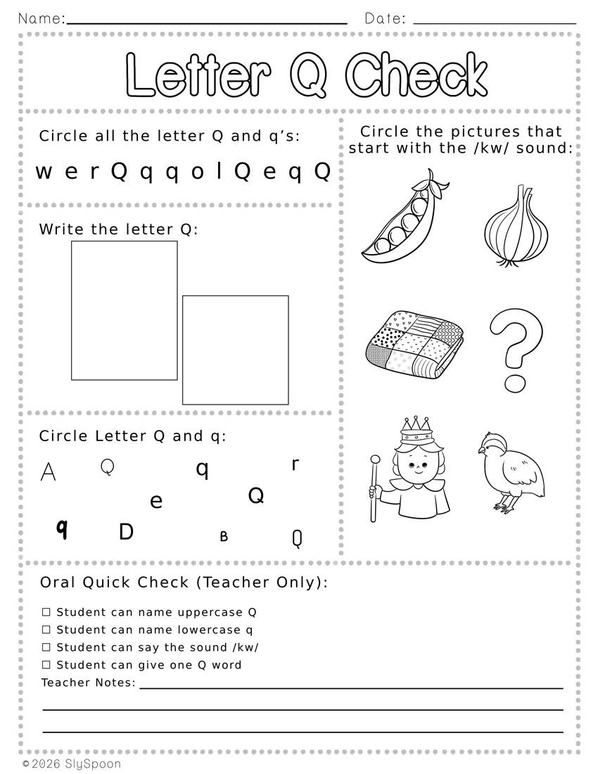 Free Printable Letter Q Review Worksheets with find the letter, circle the picture that starts with Q, write the letter, and find the letter in different fonts