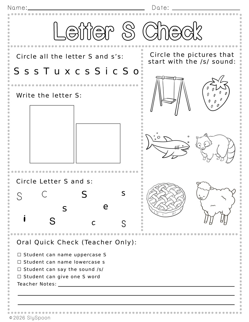 Free Printable Letter S Review Worksheets with find the letter, circle the picture that starts with S, write the letter, and find the letter in different fonts