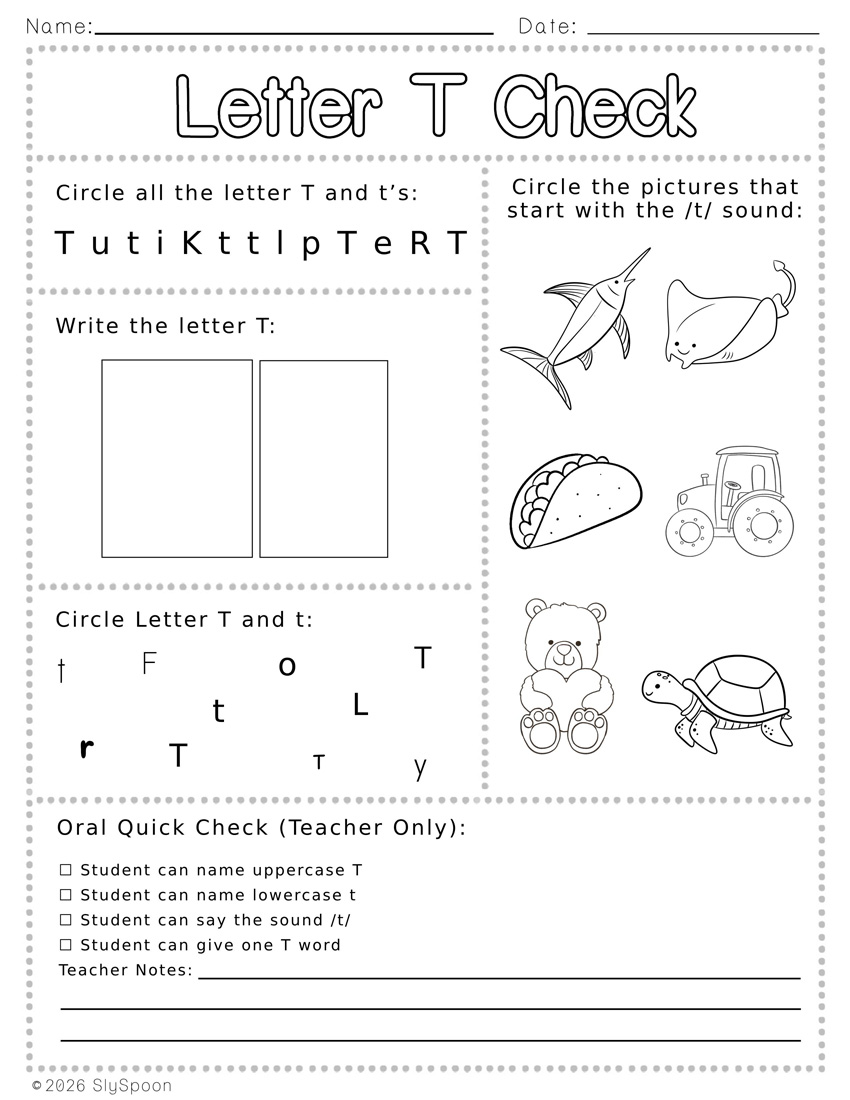 Free Printable Letter T Review Worksheets with find the letter, circle the picture that starts with T, write the letter, and find the letter in different fonts