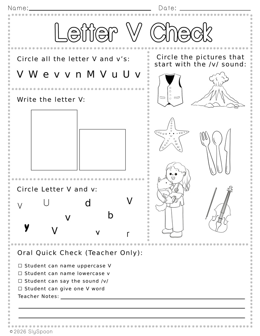 Free Printable Letter V Review Worksheets with find the letter, circle the picture that starts with V, write the letter, and find the letter in different fonts