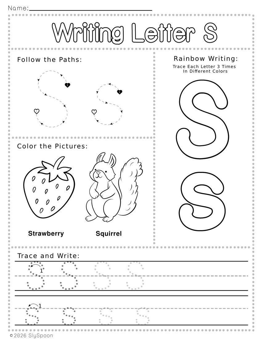 Free Printable Letter S Writing Worksheets with Letter Formation Guide