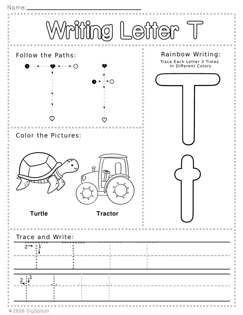 Free Printable Letter T Writing Worksheets with Letter Formation Guide
