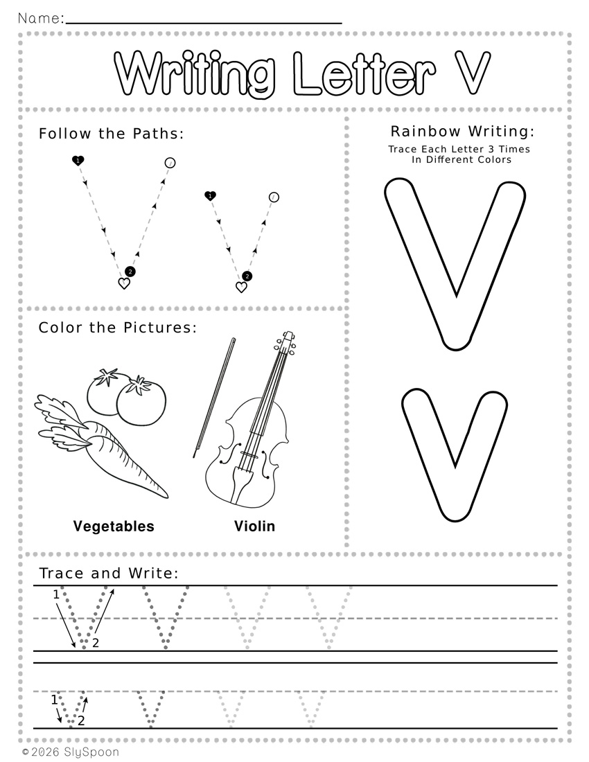 Free Printable Letter V Writing Worksheets with Letter Formation Guide