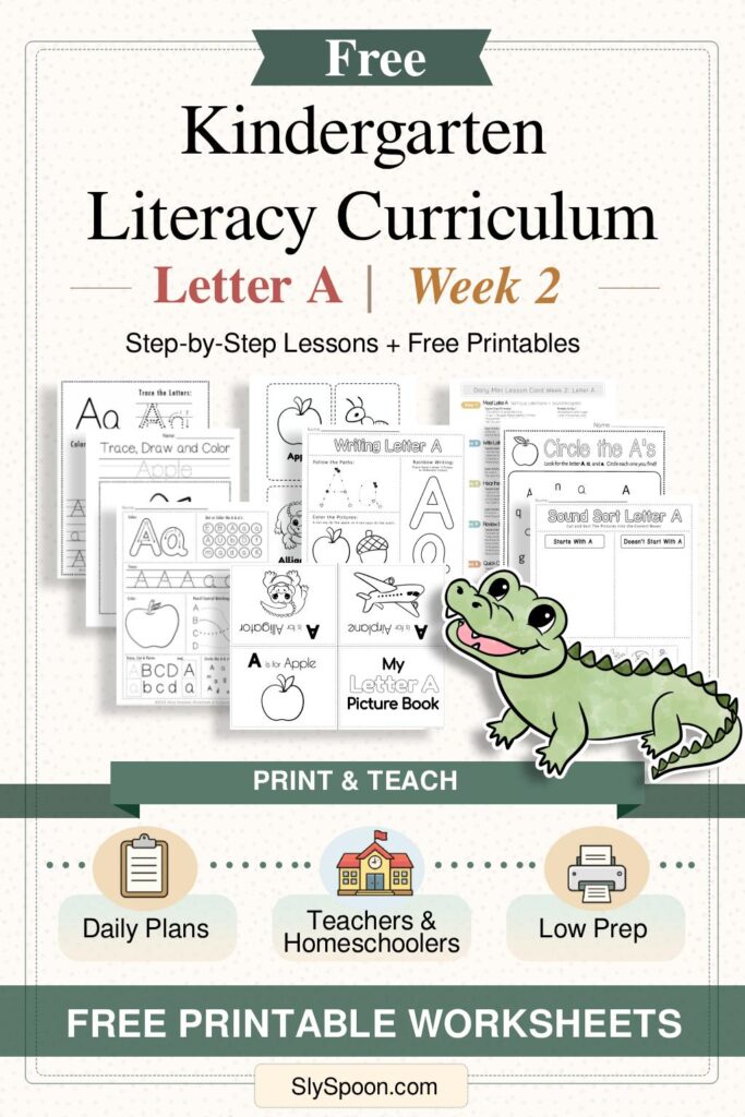 Free Kindergarten Literacy Curriculum Week 2 - All Things Letter A, including guided lessons, free printable worksheets, sensory bins, and craft and activity ideas