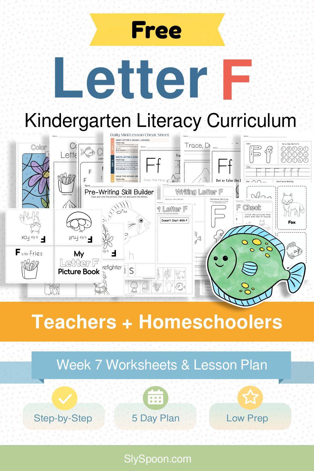 Free Kindergarten Literacy Curriculum Week 7 - All Things Letter F, including guided lessons, free printable worksheets, sensory bins, and craft and activity ideas