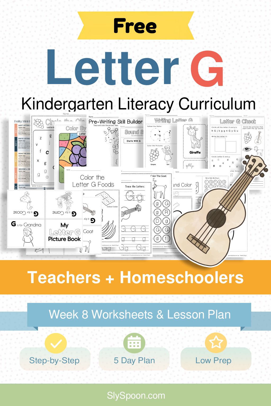 Free Kindergarten Literacy Curriculum Week 8 - All Things Letter G, including guided lessons, free printable worksheets, sensory bins, and craft and activity ideas