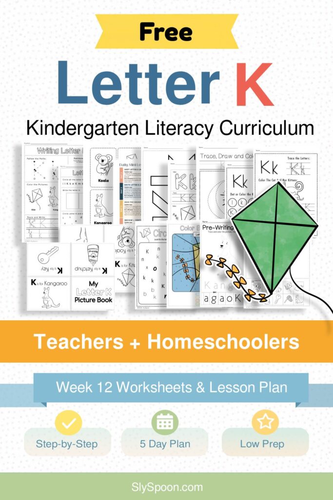 Free Kindergarten Literacy Curriculum Week 12 - All Things Letter K, including guided lessons, 15 free printable worksheets, sensory bins, crafts, activity ideas, and more