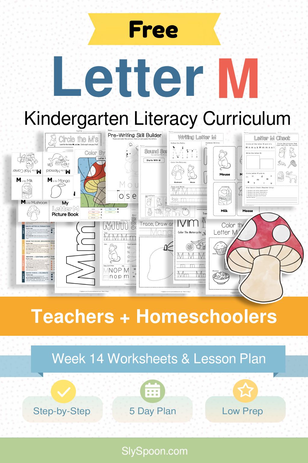 Free Kindergarten Literacy Curriculum Week 14 - All Things Letter M, including guided lessons, free printable worksheets, sensory bins, and craft and activity ideas