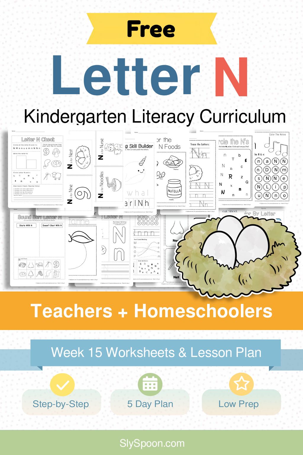 Free Kindergarten Literacy Curriculum Week 15 - All Things Letter N, including guided lessons, free printable worksheets, sensory bins, and craft and activity ideas