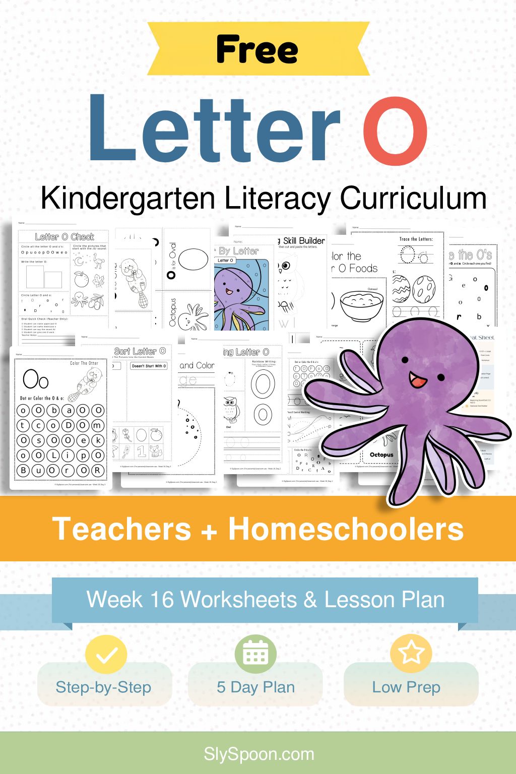 Free Kindergarten Literacy Curriculum Week 16 - All Things Letter O, including guided lessons, free printable worksheets, sensory bins, and craft and activity ideas