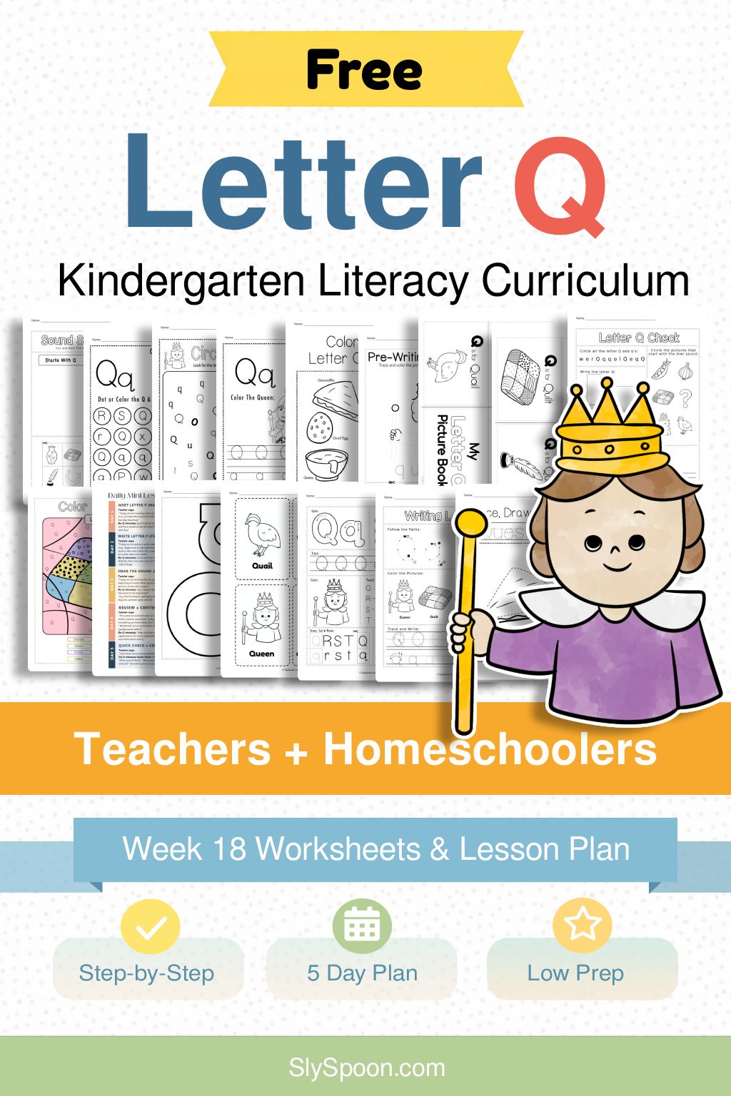 Free Kindergarten Literacy Curriculum Week 18 - All Things Letter Q, including guided lessons, free printable worksheets, sensory bins, and craft and activity ideas