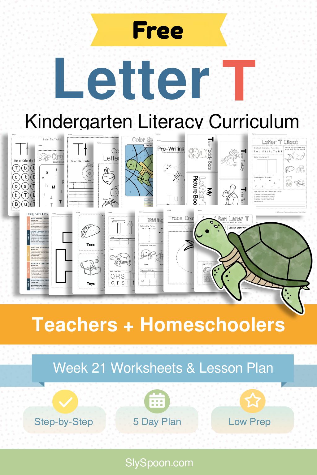 Free Kindergarten Literacy Curriculum Week 21 - All Things Letter T, including guided lessons, free printable worksheets, sensory bins, and craft and activity ideas