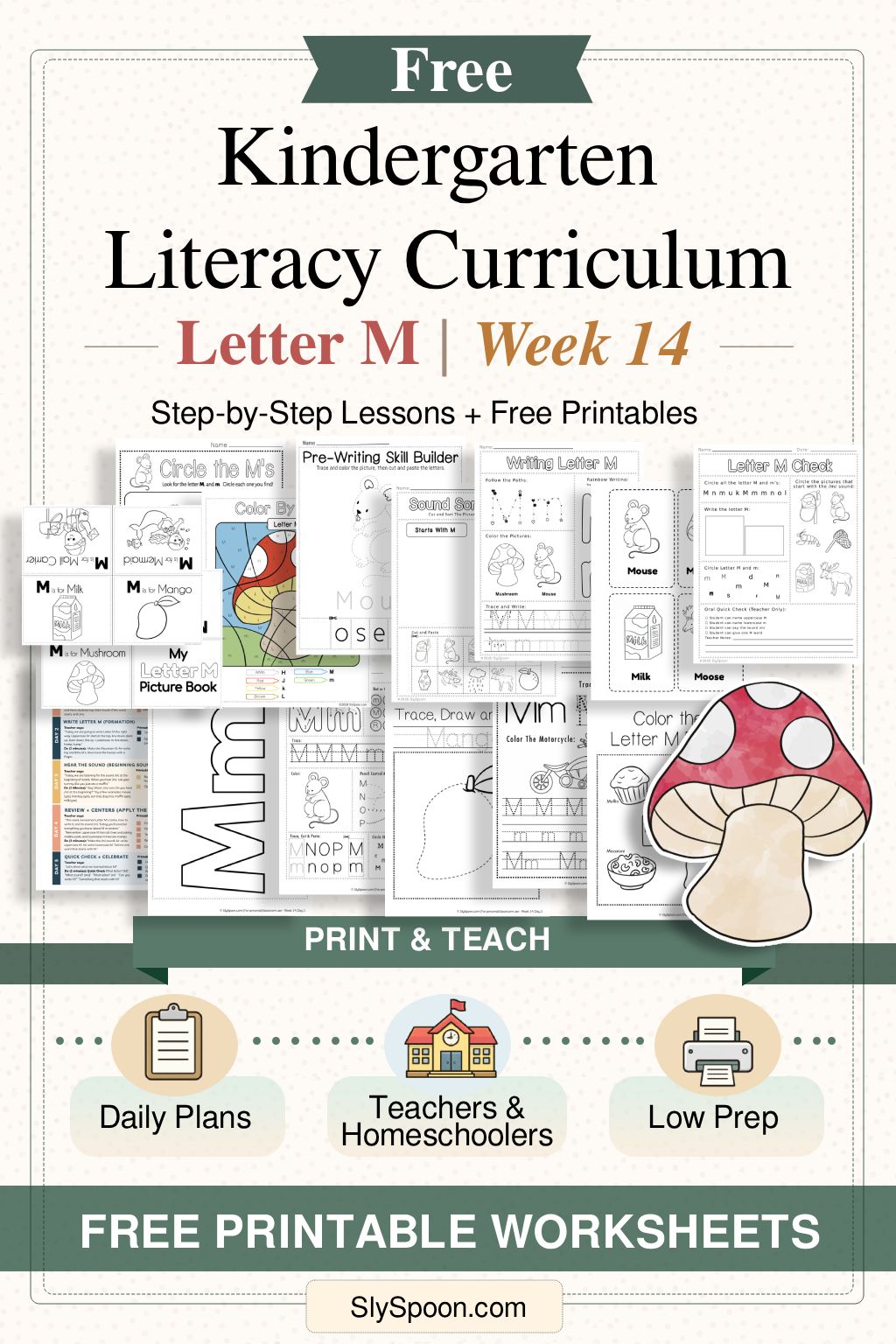 Free Kindergarten Literacy Curriculum Week 14 - All Things Letter M, including guided lessons, free printable worksheets, sensory bins, and craft and activity ideas