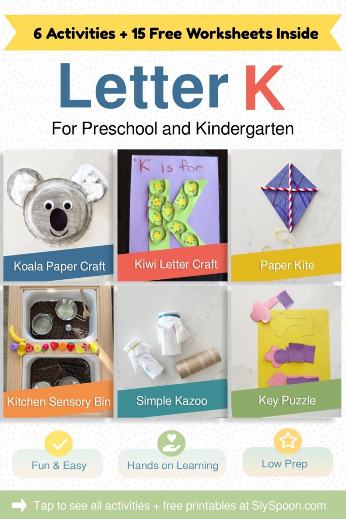6 quick and easy Letter K crafts and Activities to do with your preschooler, toddler or Kindergartener. Low Prep, easy, and fun. Koala Paper Plate Craft, Kiwi Craft, Kite Craft, Kitchen Sensory Bin, Homemade Kazoo and Key Puzzle