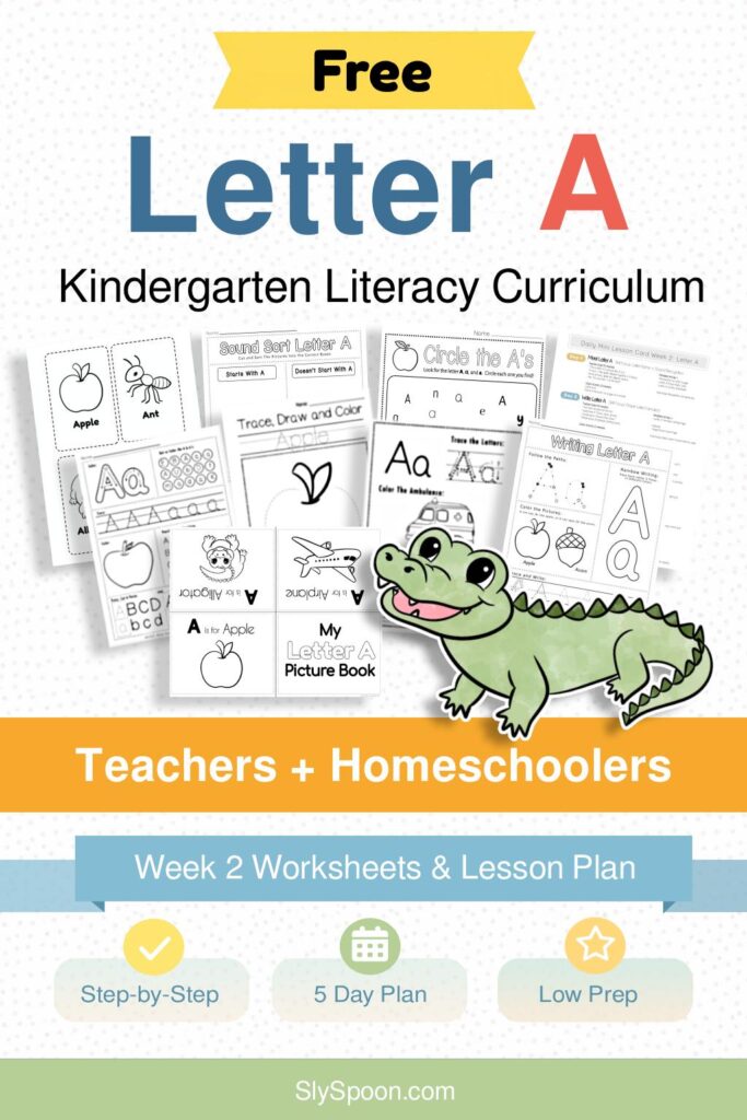 Free Kindergarten Literacy Curriculum Week 2 - All Things Letter A, including guided lessons, free printable worksheets, sensory bins, and craft and activity ideas