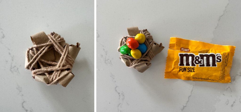 Letter N STEM Nest making activity, using peanut M&Ms as eggs
