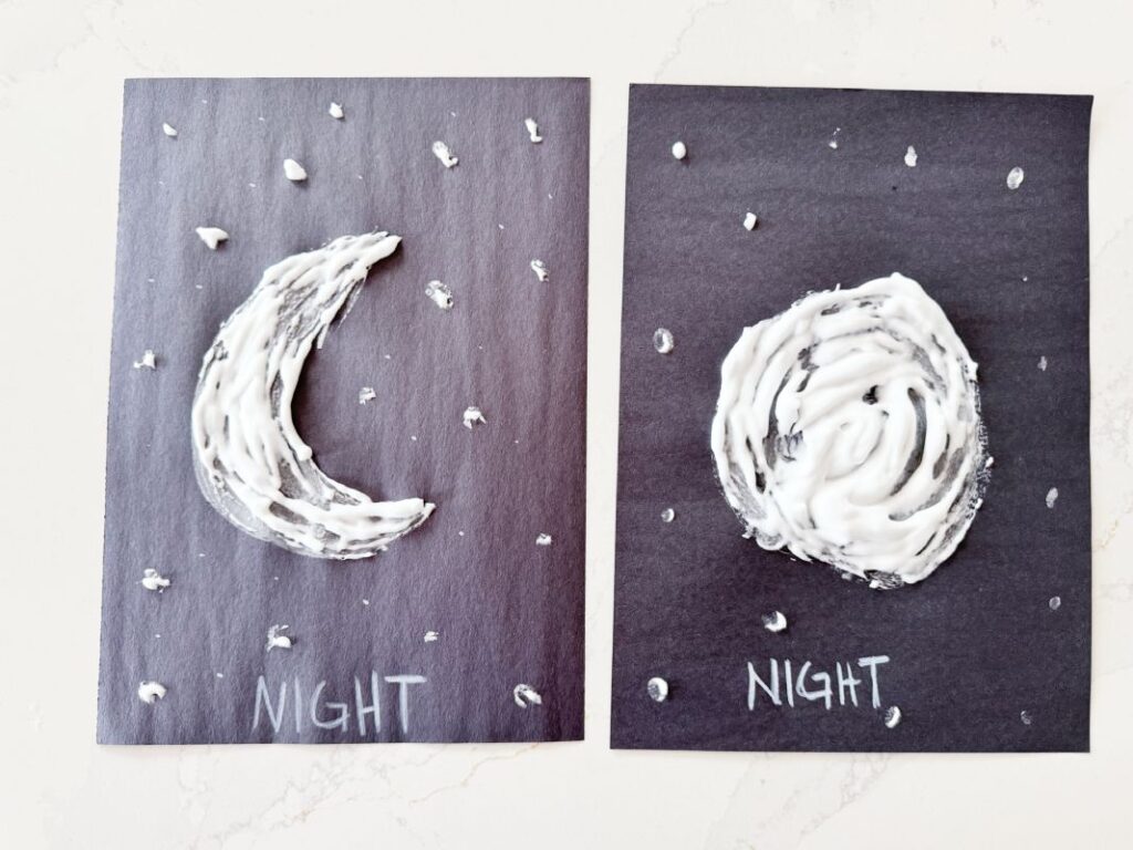 Quick and easy Letter N is for Night Sky craft with a mixture of glue and shaving cream painted on a piece of black craft paper