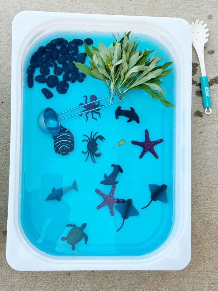 Letter O is for Ocean Sensory Bin Sensory water play with sea animals, rocks and plants