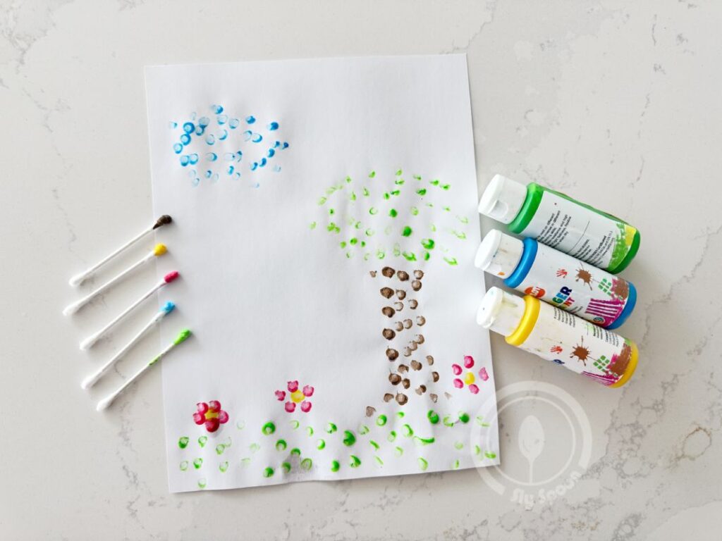 Letter Q is for Q tip painting, where you dot a page with colored q tips to paint it, or add more structure with a color or learning sheet. Suitable for preschool and kindergarten.
