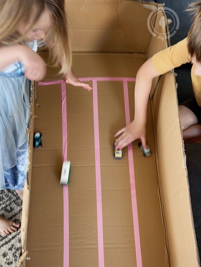 Cardboard Race Car Race Track Road Activity idea for preschoolers and kindergarteners learning Letter R
