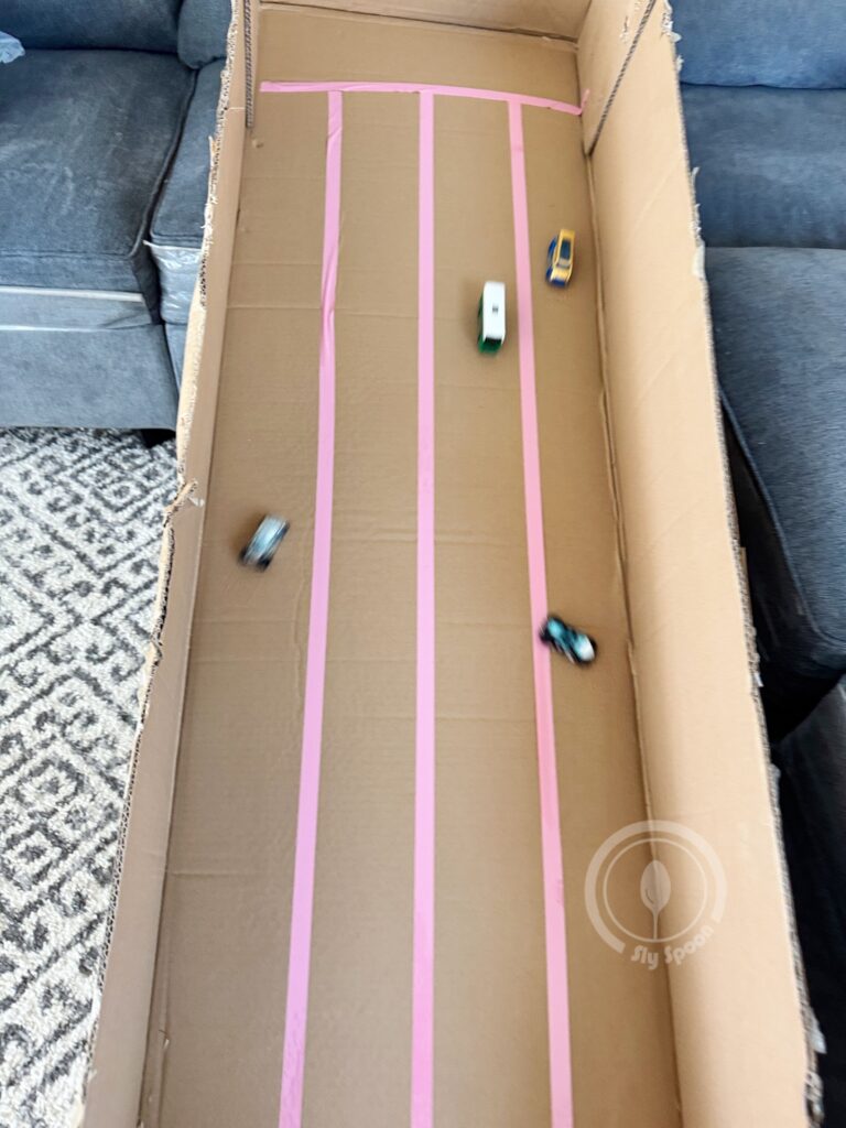 Cardboard Race Car Race Track Road Activity idea for preschoolers and kindergarteners learning Letter R