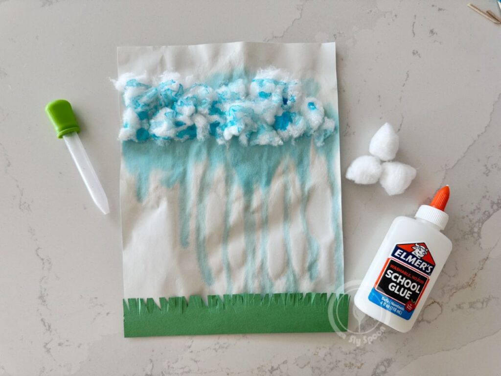 Letter R is for Raincloud dripping paint through cotton ball rain clouds craft idea for preschoolers and kindergarteners learning Letter R