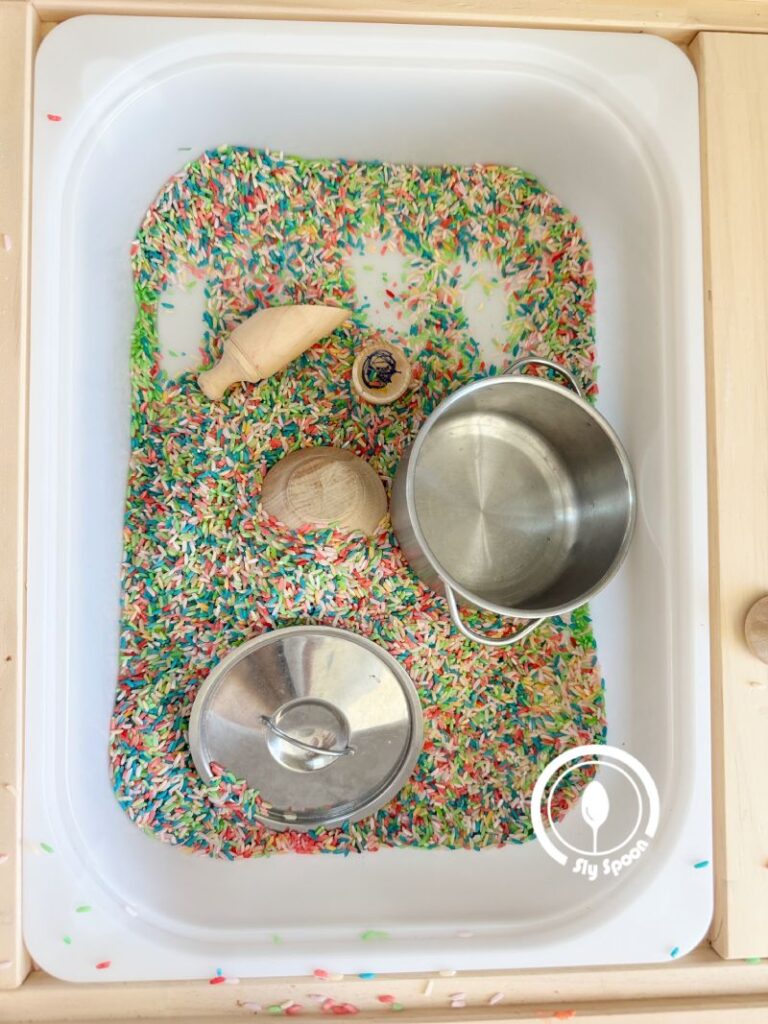Letter R is for Rainbow Rice Sensory Bin Activity idea for preschoolers and kindergarteners learning Letter R