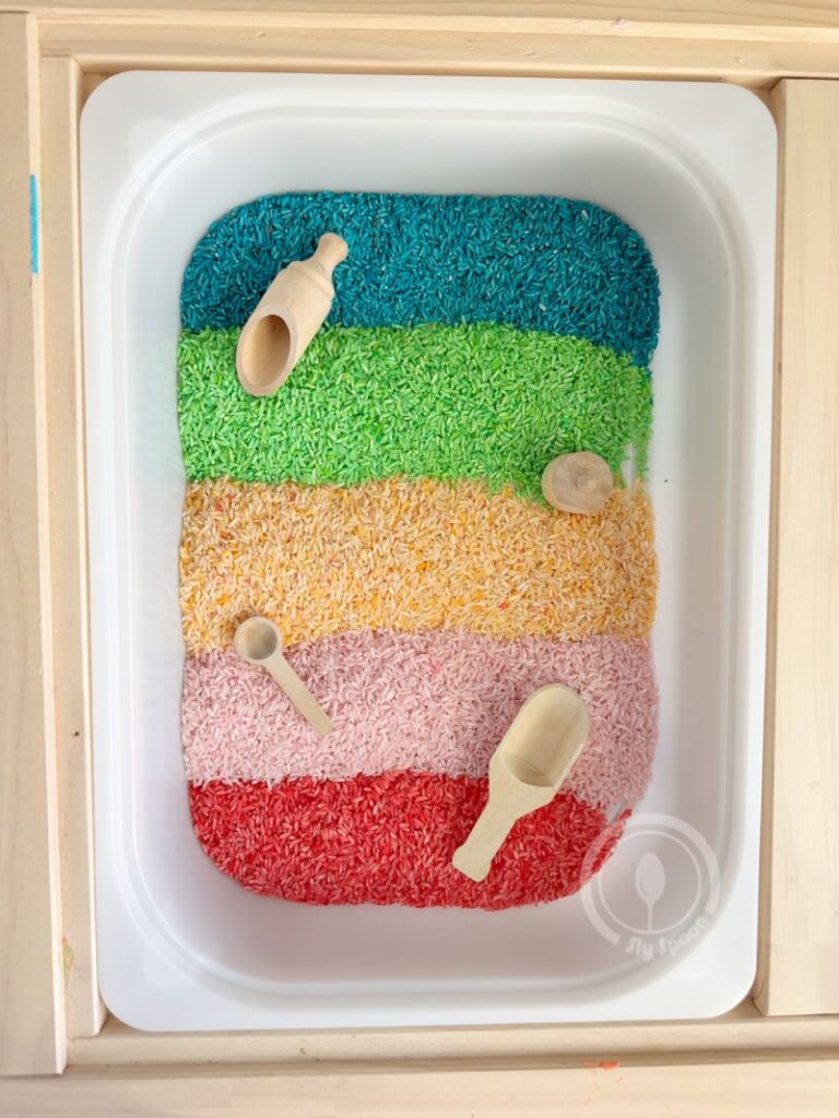 Letter R is for Rainbow Rice Sensory Bin Activity idea for preschoolers and kindergarteners learning Letter R
