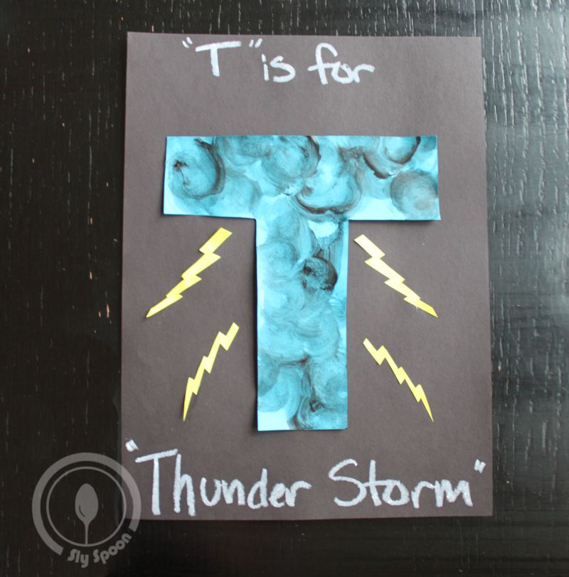 Letter T is for Thunder Storm Cotton Ball Painting and Gluing Activity idea for preschoolers and kindergarteners learning Letter T