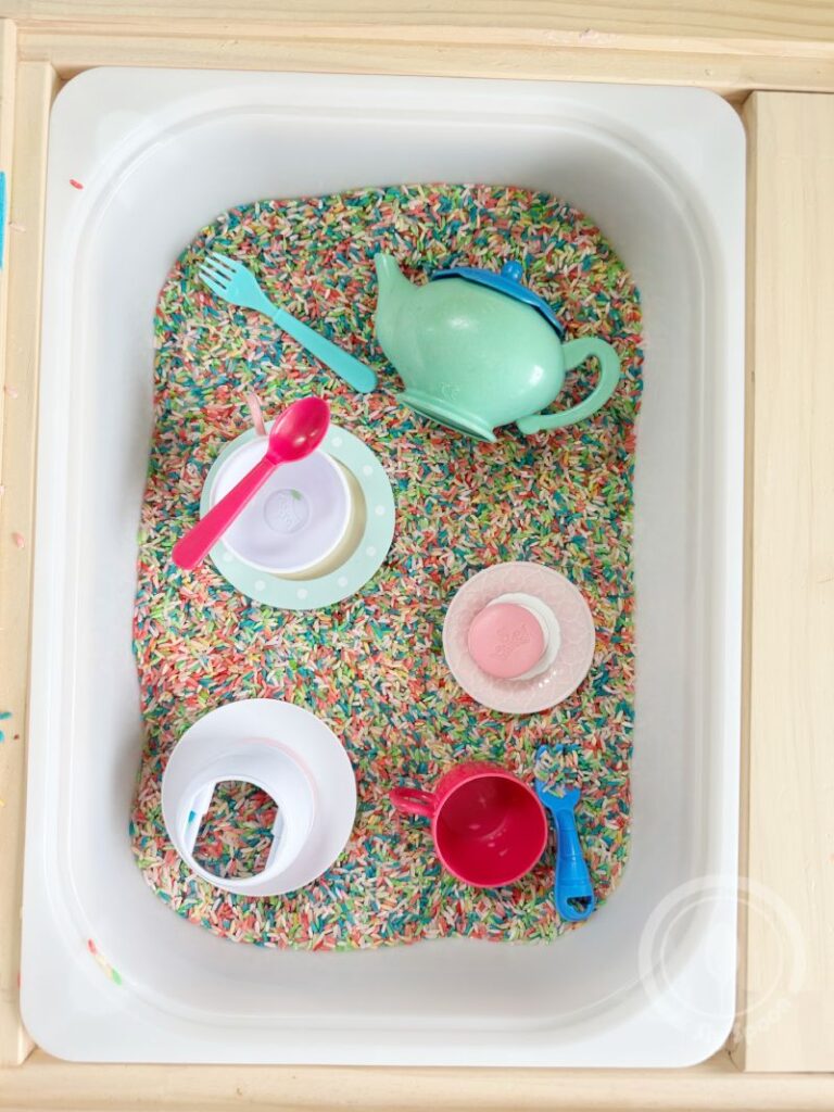 Letter T is for Tea Party Sensory Bin Activity idea for preschoolers and kindergarteners learning Letter T