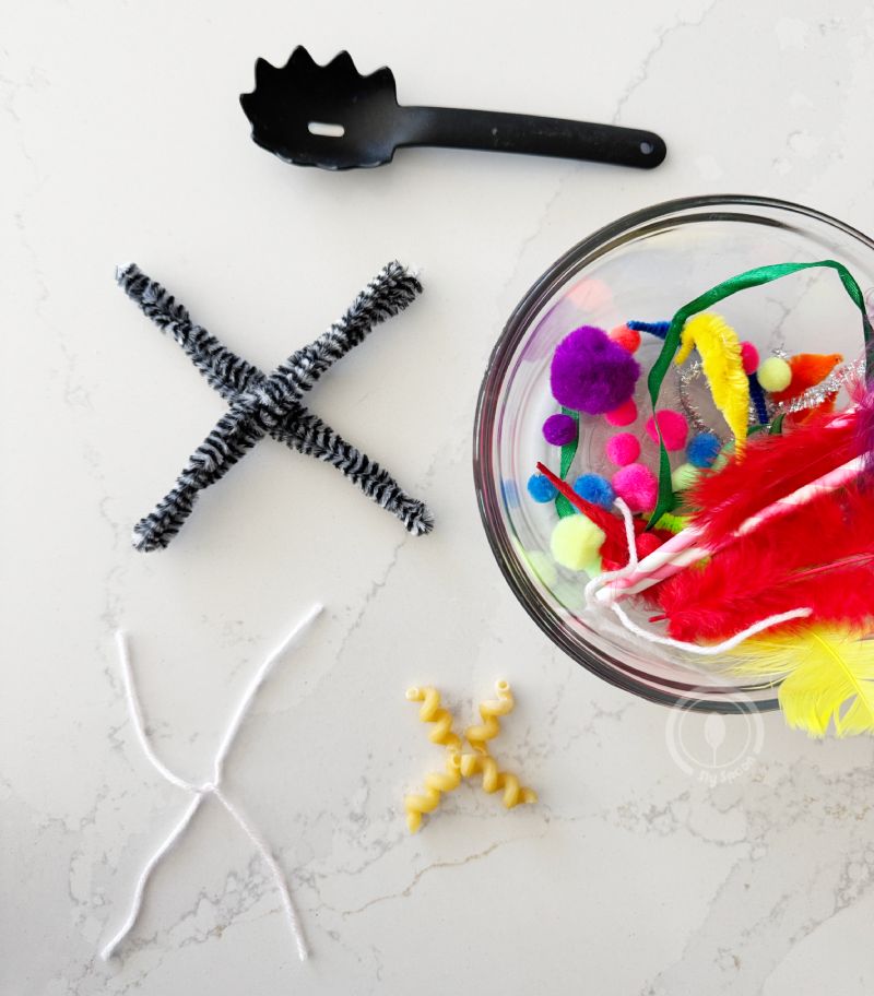 Letter X is for Mixing up and X idea for preschoolers and kindergarteners learning Letter X where you take a bunch of random craft supplies, mix them together and see how many letter X's you can make from the mixture