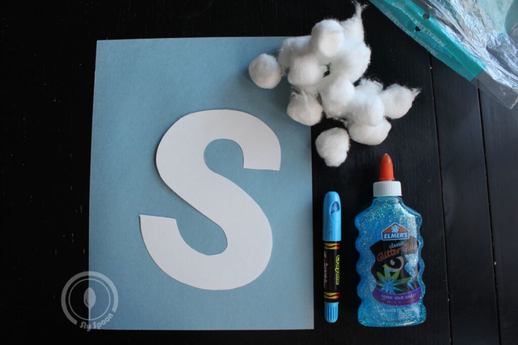 Letter S is for Sky Cotton Ball Pulling and Gluing Activity idea for preschoolers and kindergarteners learning Letter S