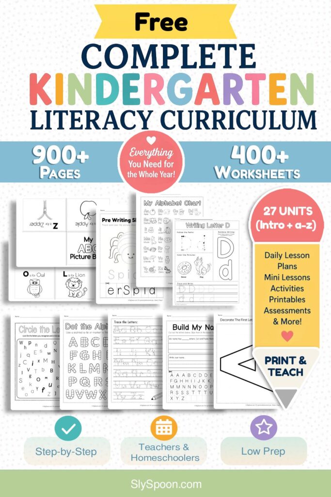 This image showcases a complete kindergarten literacy curriculum covering all 26 letters (A–Z), including over 900 pages of lessons and 400+ printable worksheets. Designed for teachers and homeschool families, this structured, low-prep system includes step-by-step lesson plans, phonics practice, letter formation activities, and engaging printables for a full year of literacy instruction.