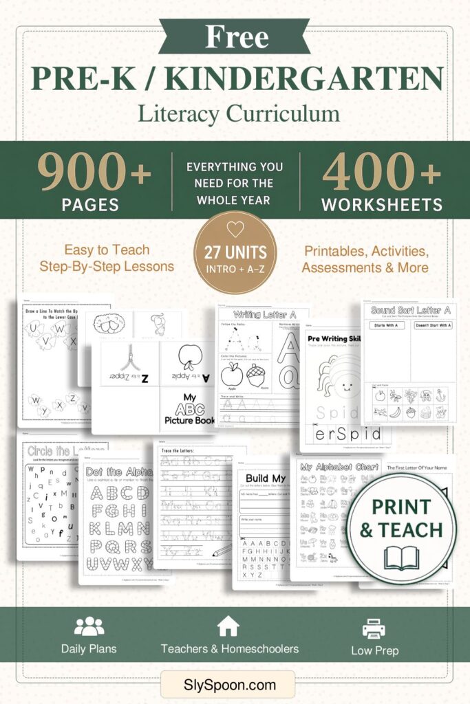 This image showcases a complete kindergarten literacy curriculum covering all 26 letters (A–Z), including over 900 pages of lessons and 400+ printable worksheets. Designed for teachers and homeschool families, this structured, low-prep system includes step-by-step lesson plans, phonics practice, letter formation activities, and engaging printables for a full year of literacy instruction.