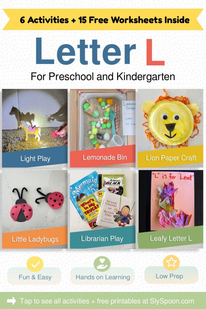 6 Quick and Easy Letter L Play Based Learning Activity Ideas, Light Play, Lemonade Sensory Bin, Lion Paper Plate, Little Ladybugs Dot Markers Activity, Librarian Pretend Play, Leafy Letter L